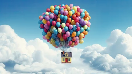 Papier Peint photo Ballon flying house attached with many balloon flying in the sky 