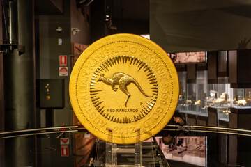 The Australian Kangaroo One Tonne Gold Coin - the biggest, heaviest and most valuable gold bullion coin in the world. Perth Mint, Western Australia.