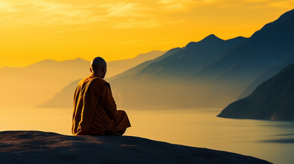 Buddhist monk in meditation beside the river with beautiful nature background - obrazy, fototapety, plakaty