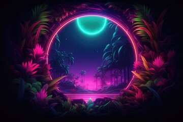Fototapeta na wymiar An intricate neon circle, pulsing with electrifying brilliance, is bordered with vibrant jungle foliage. The stark luminosity of the neon juxtaposes beautifully with the lush greens