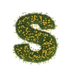 Font made from grass and flower, alphabet, font art 3d rendering with transparent background