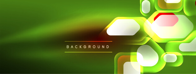 Obraz premium Neon lines, squares and round shapes abstract background. Techno glowing neon hexagon shapes vector illustration for wallpaper, banner, background, landing page, wall art, invitation, prints, posters