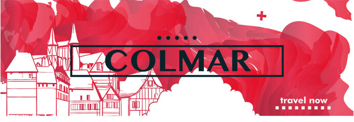 France Colmar village banner with abstract shapes of skyline, cityscape, landmarks and attractions. Alsace town travel vector illustration for brochure, website, page header, horizontal presentation