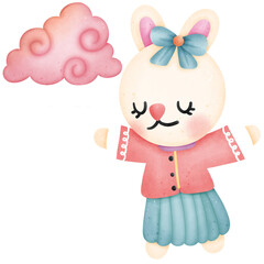 Single cute rabbit with red blue Chinese Dress and pink cloud illustration