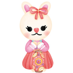 Single cute rabbit with pink red Chinese Dress and chinese lantern illustration