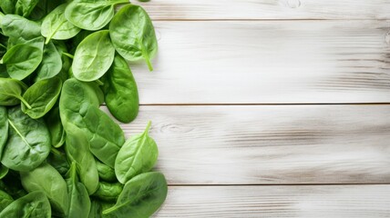 Fototapeta premium Fresh Organic Spinach Vegetable Photorealistic Horizontal Background. Healthy Vegetarian Diet. Ai Generated Backdrop with Copyspace. Juicy Spinach Vegetable.