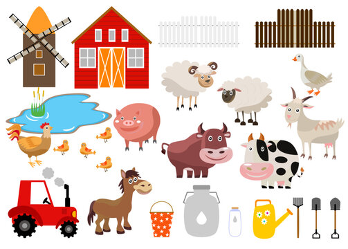 Collection of farm animals in flat style illustration. Set of cartoon animal icons on a white background.