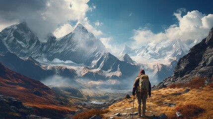 Fototapeta premium An outdoor extreme summer vacation background with man traveling on a mountain summit enjoying the nature with a big backpack hiking in a lake and enjoying the mountain lifestyle