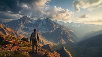 An outdoor extreme summer vacation background with man traveling on a mountain summit enjoying the nature with a big backpack hiking in a lake and enjoying the mountain lifestyle