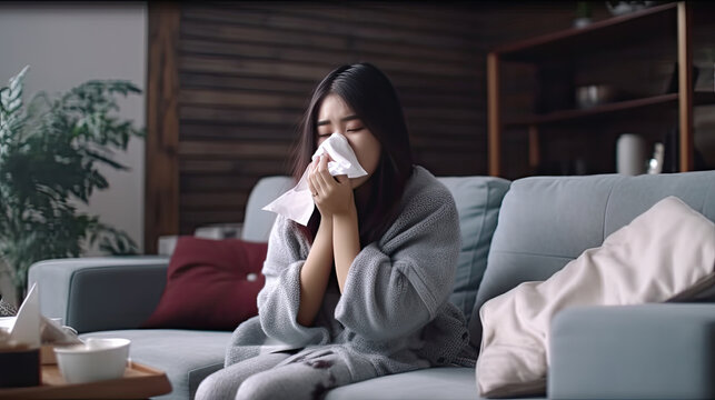 Sick woman with headache sitting under the blanket