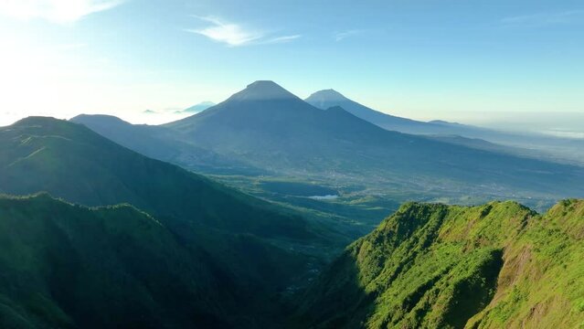 Aerial View of Mount Sindoro and Sumbing from the peak of Mount Bisma in Central Java, Indonesia.