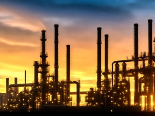 Fototapeta na wymiar Oil​ refinery​ and​ plant and tower column of Petrochemistry industry in oil​ and​ gas​ ​industrial with​ cloud​ orange​ ​sky the sunrise​ background. ai generated