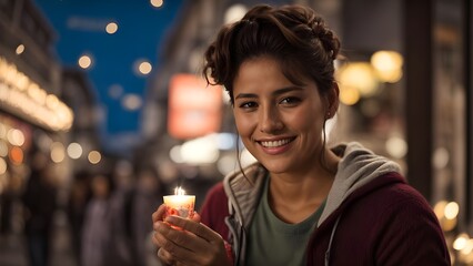 Mujer con una luz de velas en las manos