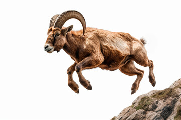 Alpine Ibex isolated on a white background jumping. Animal left side view portrait.