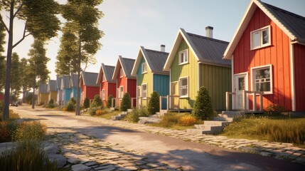A row of colorful houses with empty street 