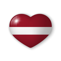 3d heart with flag of Latvia. Glossy realistic vector element on white background with shadow underneath. Best for mobile apps, UI and web design.