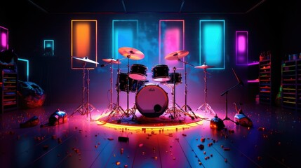 Abstract beautiful music drum set with colorful light 