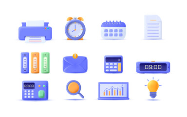 3d set office, business, finance icons. Minimal and stylish vector cartoon illustration