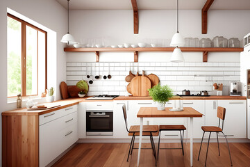 Interior of modern kitchen in vintage style with white wooden furniture and rustic detail. Bright indoors with window and wood. Modern kitchen interior