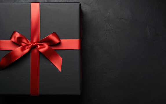 Black Friday sale flat lay with stylish gift box present and red ribbon on black background