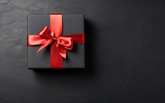 Black Friday sale flat lay with stylish gift box present and red ribbon on black background