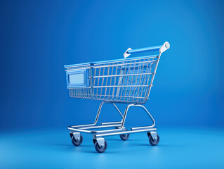 3D rendering of a shopping cart on a blue background. Silver shopping basket. Buying and selling concept.