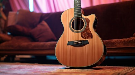 acoustic guitar standing in the room with sofa 