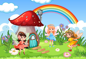 Obraz na płótnie Canvas Mushroom house fairy tale with fairy cartoon