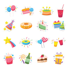 Birthday element hand drawn flat vector set