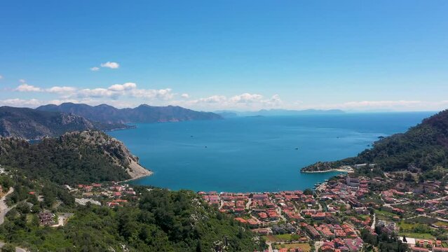 aerial 4k footage of marmaris turunc town with beautiful blue sea and nature
