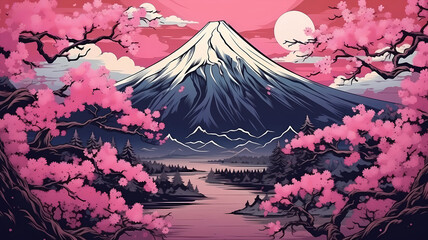 Hand-drawn cartoon beautiful illustration of Mount Fuji scenery in Japan
