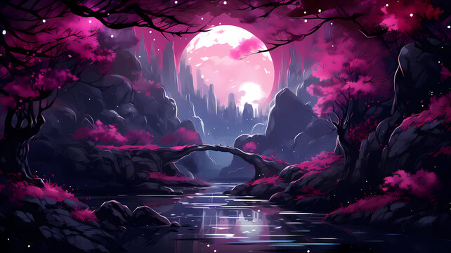 Hand drawn cartoon beautiful night cherry blossom forest scenery illustration
