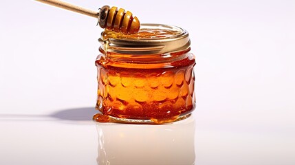 jar of honey with wooden dipper on white background 