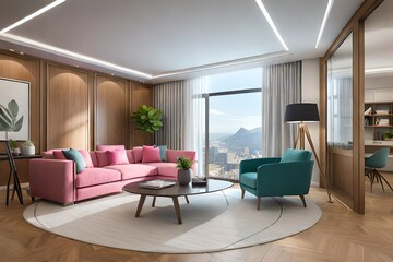 Modern luxury living room with pink combination