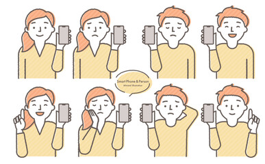 手描きで優しいタッチのスマホ・スマートフォンを持つ男女の人物ベクターイラストセット_笑顔・困る・悩む表情_黄色