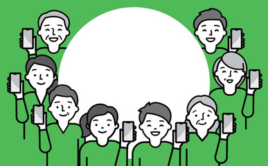 シンプルおしゃれなスマホ・スマートフォン・携帯を持つ家族・ファミリーの人物ベクター横長フレーム_緑_中央コピースペース