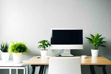 Blank screen of monitor in computer on wooden office desk in stylish business room with white wall and mock up. Light interior of office space with plants and laptop in vintage style.