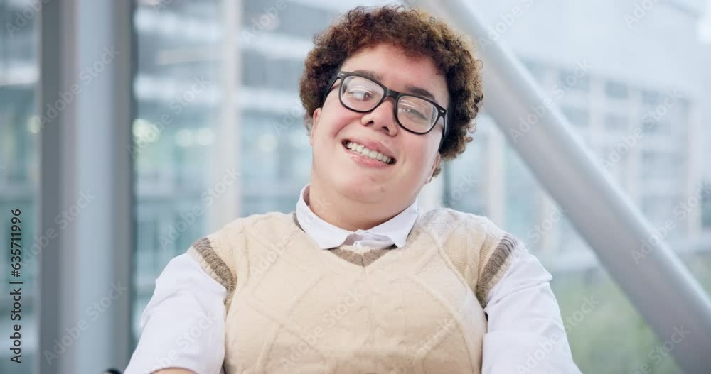 Wall mural Face, travel and a woman with a disability in an airport for an international flight on an inclusive airline. Portrait, smile and a happy female passenger in a wheelchair on a bridge in a terminal