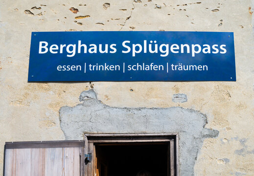 Splugenpass, Switzerland - July 9, 2023: Berghaus Splugenpass - Mountain Lodge under the peak of the mountain pass Splugen.
