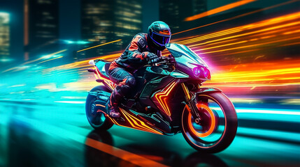 Obraz premium Motorcycle rider riding on the road at night with colorful neon light
