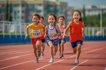 Group of children filled with joy and energy running on athletic track, children healthy active...