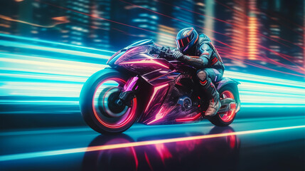 Obraz premium Motorcycle rider riding on the road at night with colorful neon light