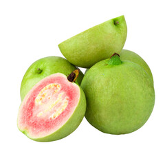 Guava is a tropical fruit with pink juicy flesh and a strong sweet aroma with leaf on a transparent background