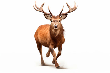 Red Deer isolated on a white background running. Animal front view portrait.