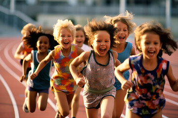 Group of children filled with joy and energy running on athletic track, children healthy active...