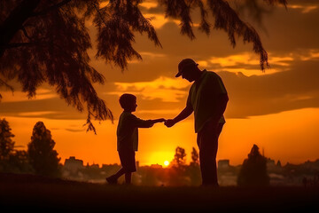 Fototapeta na wymiar Silhouette of Father and son playing in the park at sunset time. Father son relationship concept.