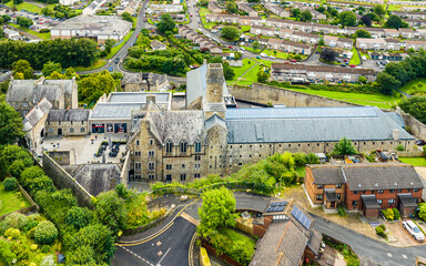 Bodmin Jail and Bodmin Luxury Hotel from a drone, Bodmin Moor, Cornwall, England, UK