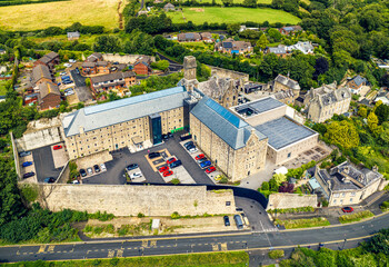 Bodmin Jail and Bodmin Luxury Hotel from a drone, Bodmin Moor, Cornwall, England, UK