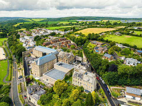Bodmin Jail and Bodmin Luxury Hotel from a drone, Bodmin Moor, Cornwall, England, UK