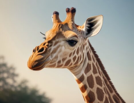 Illustration of a giraffe's head in a good mood against a blurred background.generative AI